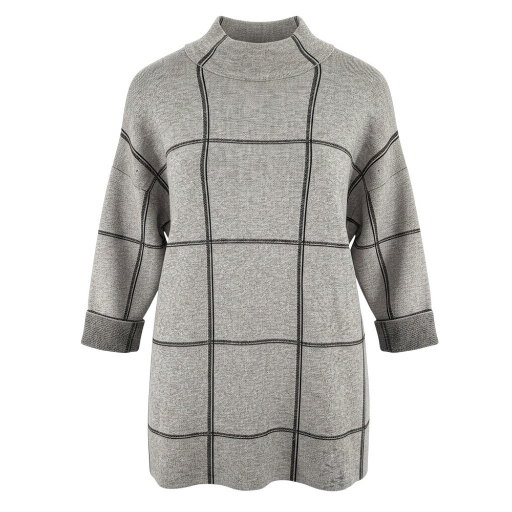Tahari Windowpane Plaid Tunic Womens M Grey Mock Neck Sweater Cuff Sleeves